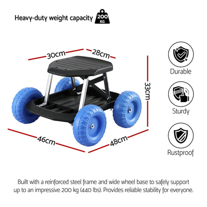 Gardeon Garden Cart Seat with Wheels, Rolling Work Stool with Tool Storage Tray, 440lbs (200kg) Heavy Duty Capacity Garden Stool for Outdoor Yard Work, Car Detailing, and Garage Maintenance, Blue/Black - Image 7