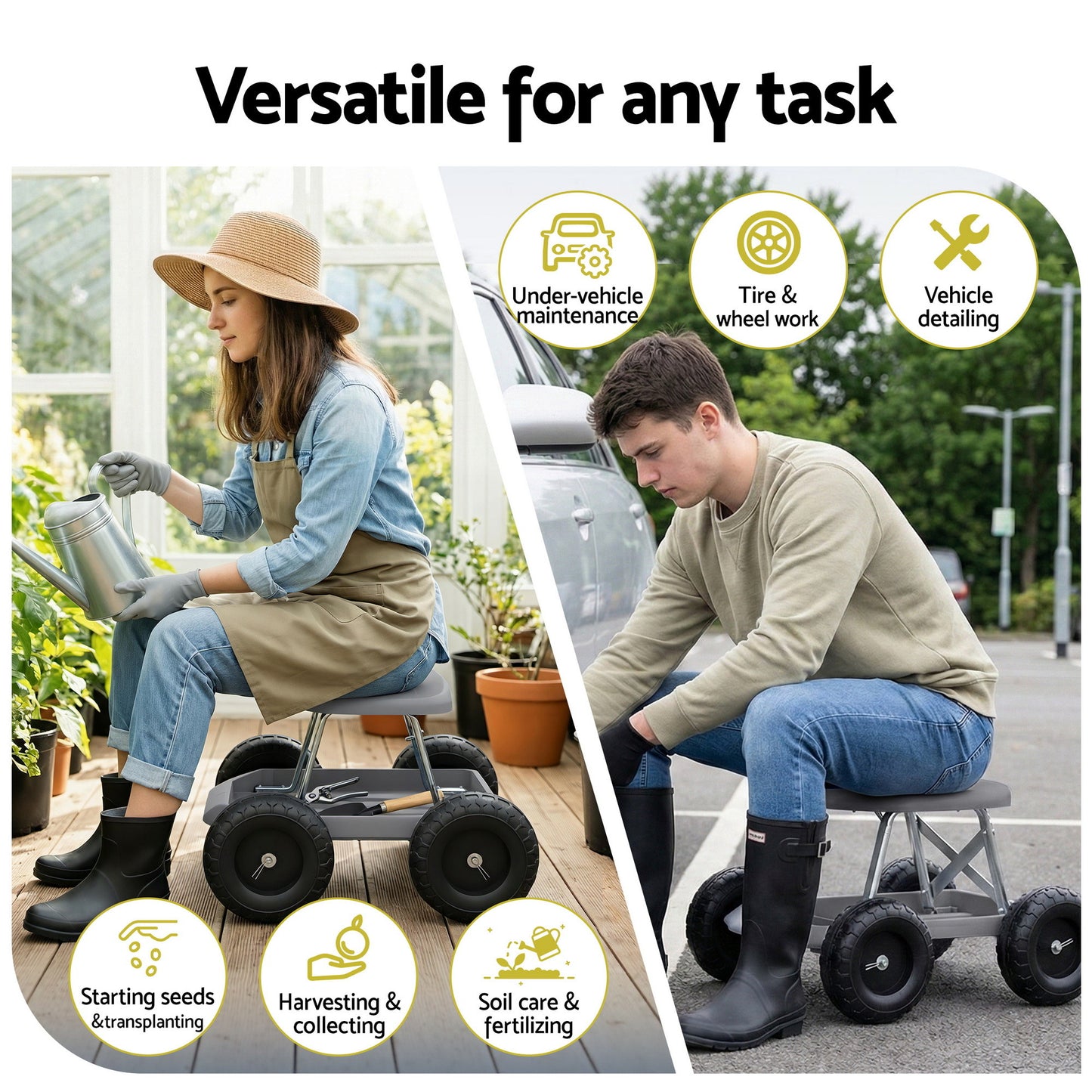 Gardeon Garden Cart Seat with Wheels, Rolling Work Stool with Tool Storage Tray, 440lbs (200kg) Heavy Duty Capacity Garden Stool for Outdoor Yard Work, Car Detailing, and Garage Maintenance, Grey/Black - Image 2