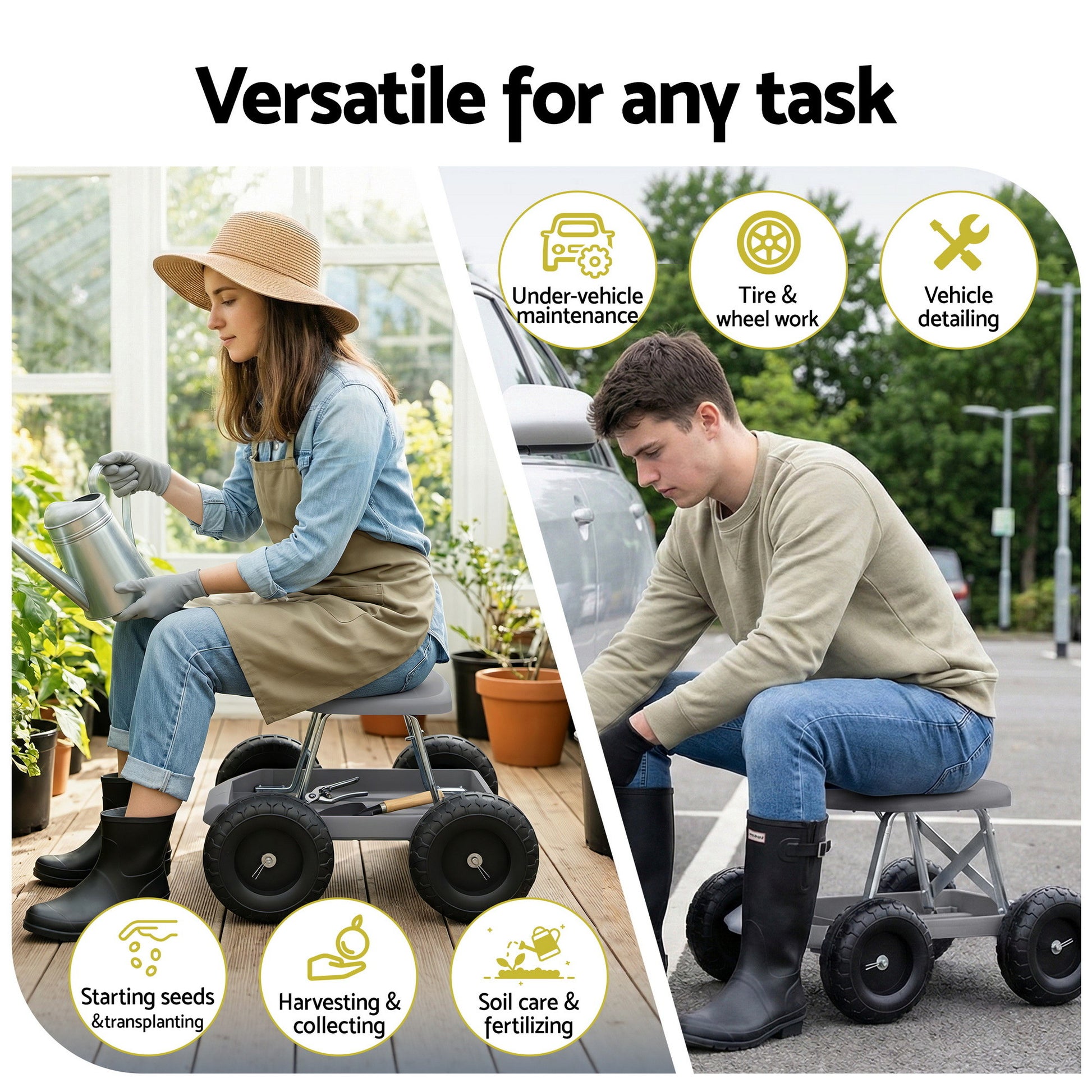 Gardeon Garden Cart Seat with Wheels, Rolling Work Stool with Tool Storage Tray, 440lbs (200kg) Heavy Duty Capacity Garden Stool for Outdoor Yard Work, Car Detailing, and Garage Maintenance, Grey/Black - Image 2