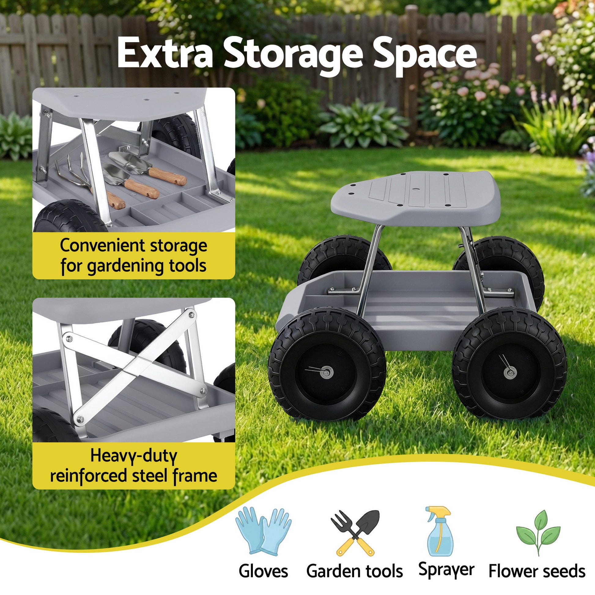 Gardeon Garden Cart Seat with Wheels, Rolling Work Stool with Tool Storage Tray, 440lbs (200kg) Heavy Duty Capacity Garden Stool for Outdoor Yard Work, Car Detailing, and Garage Maintenance, Grey/Black - Image 3