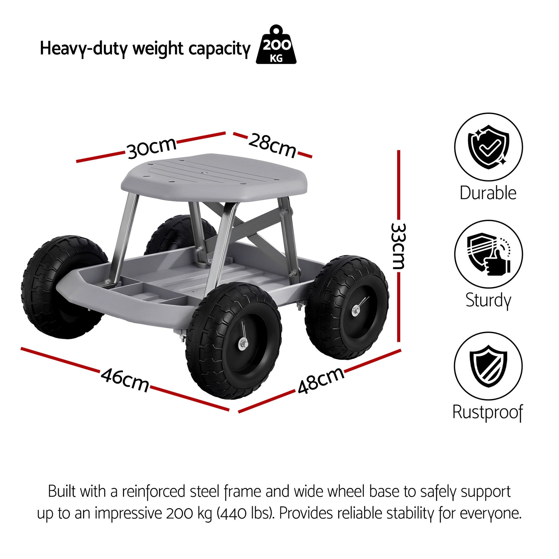 Gardeon Garden Cart Seat with Wheels, Rolling Work Stool with Tool Storage Tray, 440lbs (200kg) Heavy Duty Capacity Garden Stool for Outdoor Yard Work, Car Detailing, and Garage Maintenance, Grey/Black - Image 7