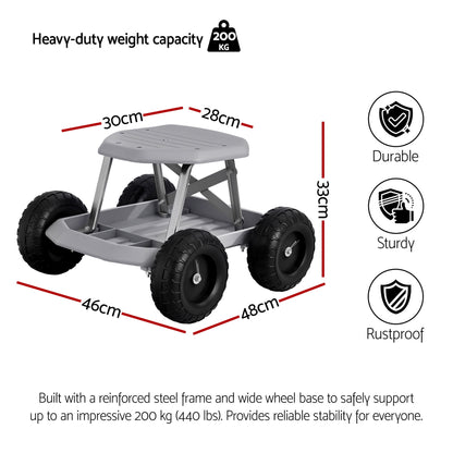 Gardeon Garden Cart Seat with Wheels, Rolling Work Stool with Tool Storage Tray, 440lbs (200kg) Heavy Duty Capacity Garden Stool for Outdoor Yard Work, Car Detailing, and Garage Maintenance, Grey/Black - Image 7