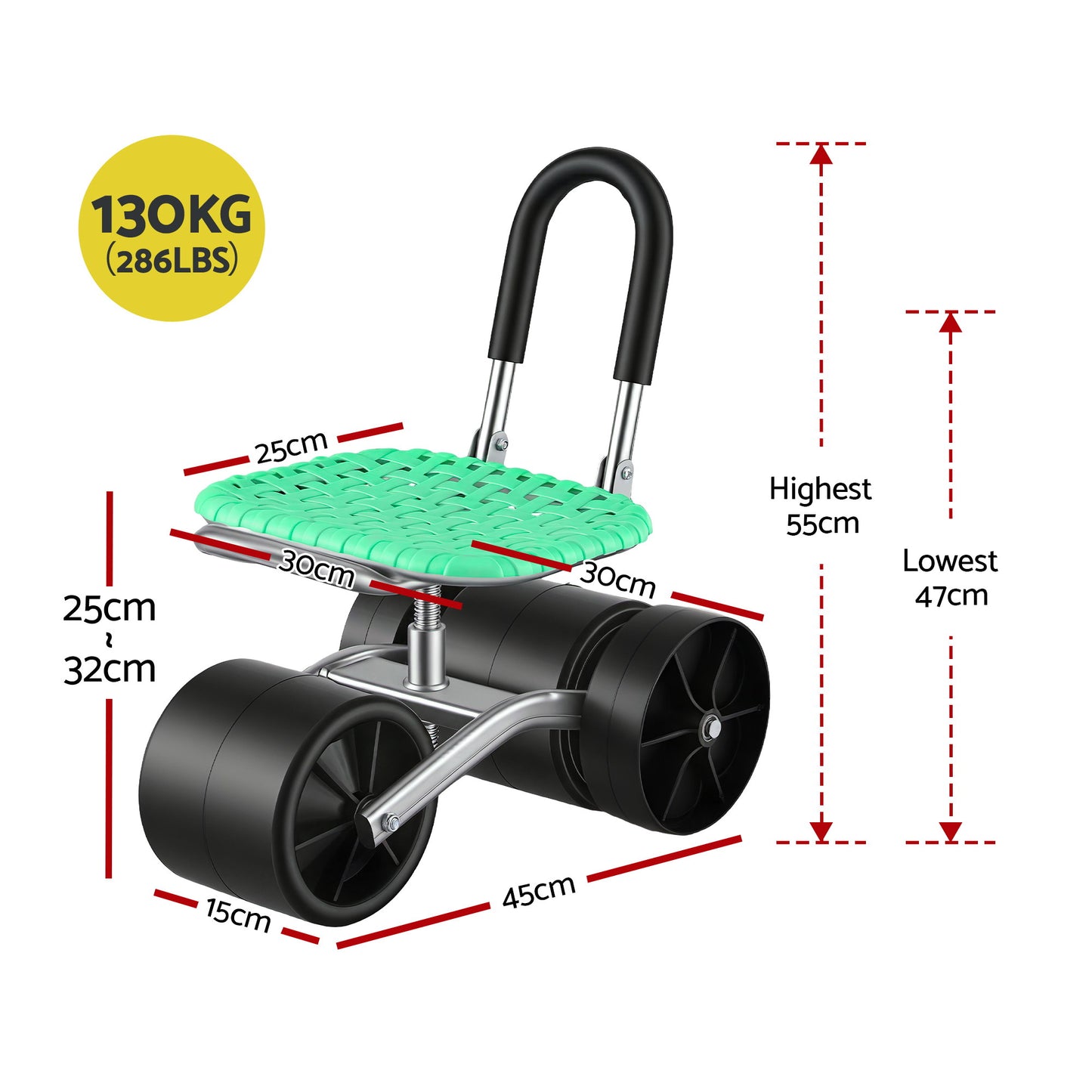 Gardeon Gardening Cart with 360° Swivel Seat | Rolling Work Seat with Adjustable Height & All-Terrain Wheels | 130KG Capacity Heavy Duty Garden Scooter for Back Pain Relief & Vehicle Detailing | Foldable Backrest & Ventilated Seat, Green - Image 2