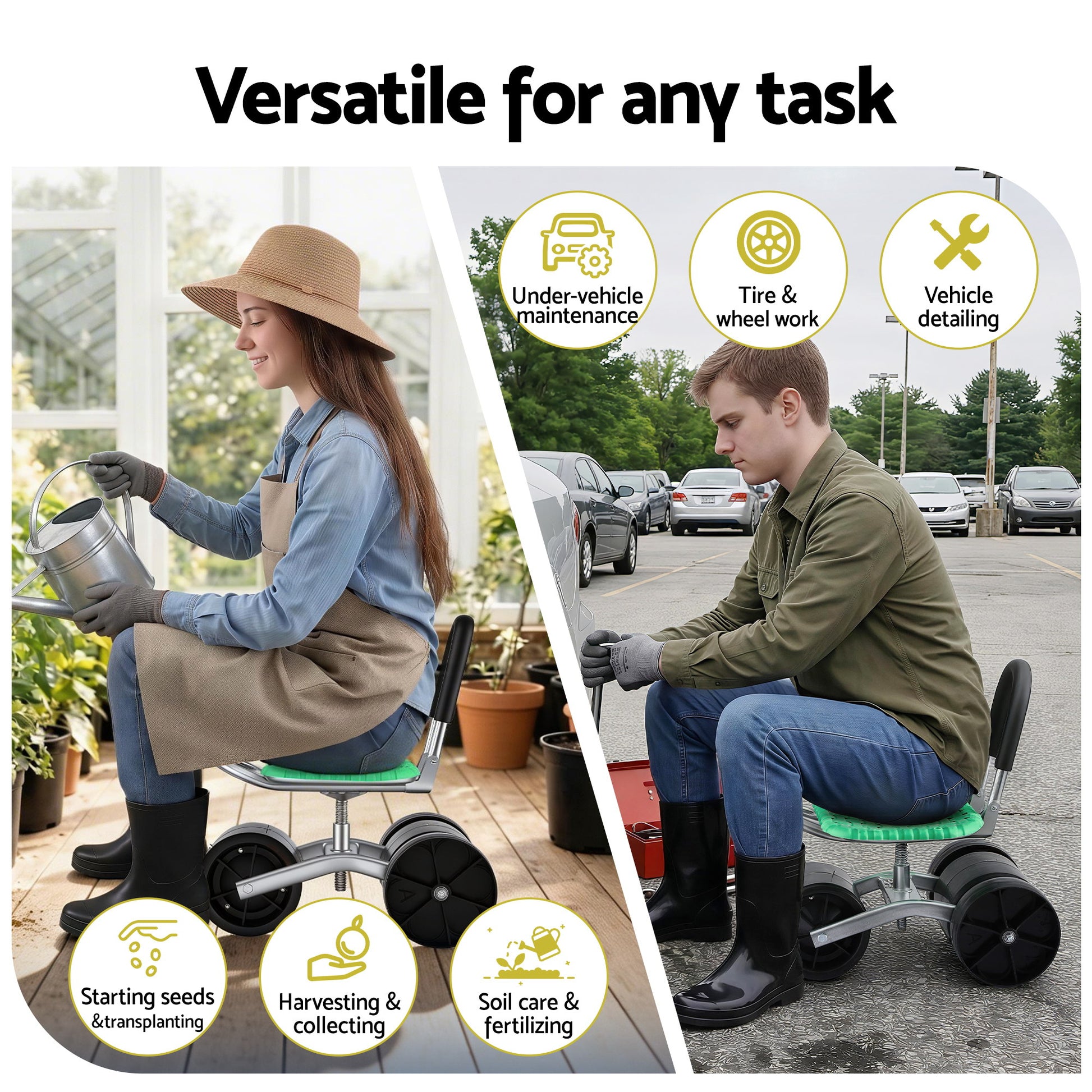 Gardeon Gardening Cart with 360° Swivel Seat | Rolling Work Seat with Adjustable Height & All-Terrain Wheels | 130KG Capacity Heavy Duty Garden Scooter for Back Pain Relief & Vehicle Detailing | Foldable Backrest & Ventilated Seat, Green - Image 4