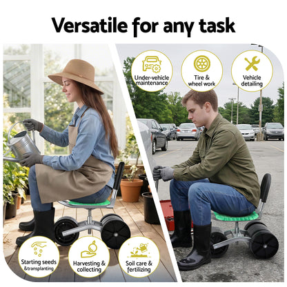Gardeon Gardening Cart with 360° Swivel Seat | Rolling Work Seat with Adjustable Height & All-Terrain Wheels | 130KG Capacity Heavy Duty Garden Scooter for Back Pain Relief & Vehicle Detailing | Foldable Backrest & Ventilated Seat, Green - Image 4