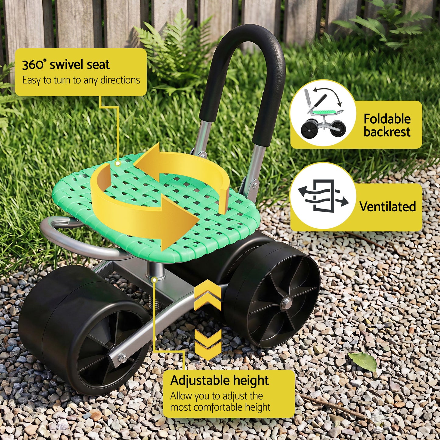 Gardeon Gardening Cart with 360° Swivel Seat | Rolling Work Seat with Adjustable Height & All-Terrain Wheels | 130KG Capacity Heavy Duty Garden Scooter for Back Pain Relief & Vehicle Detailing | Foldable Backrest & Ventilated Seat, Green - Image 5