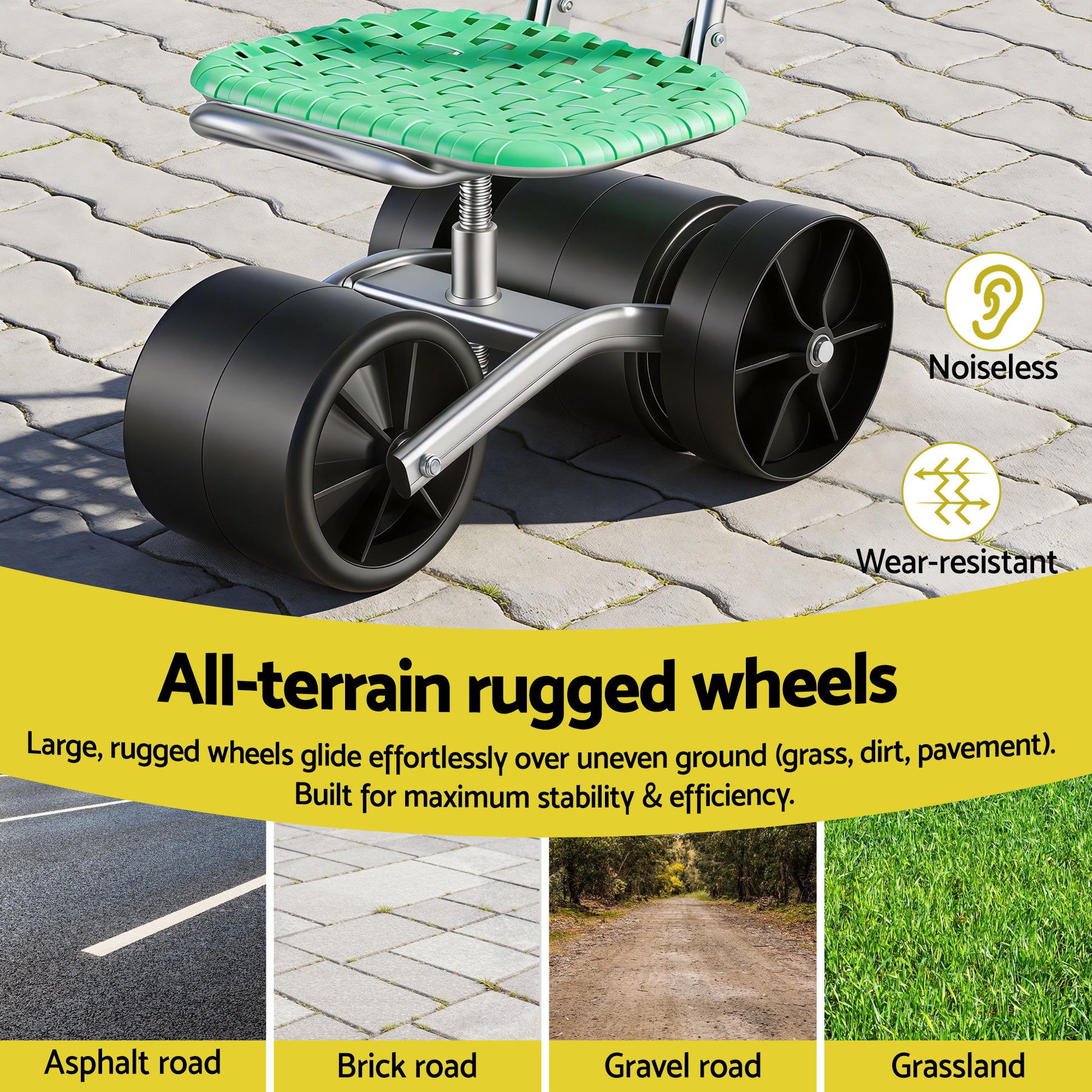 Gardeon Gardening Cart with 360° Swivel Seat | Rolling Work Seat with Adjustable Height & All-Terrain Wheels | 130KG Capacity Heavy Duty Garden Scooter for Back Pain Relief & Vehicle Detailing | Foldable Backrest & Ventilated Seat, Green - Image 7