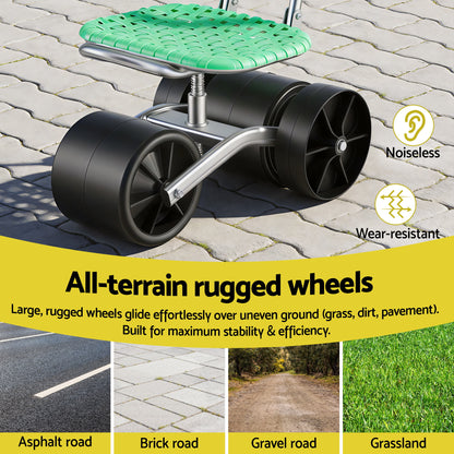 Gardeon Gardening Cart with 360° Swivel Seat | Rolling Work Seat with Adjustable Height & All-Terrain Wheels | 130KG Capacity Heavy Duty Garden Scooter for Back Pain Relief & Vehicle Detailing | Foldable Backrest & Ventilated Seat, Green - Image 7
