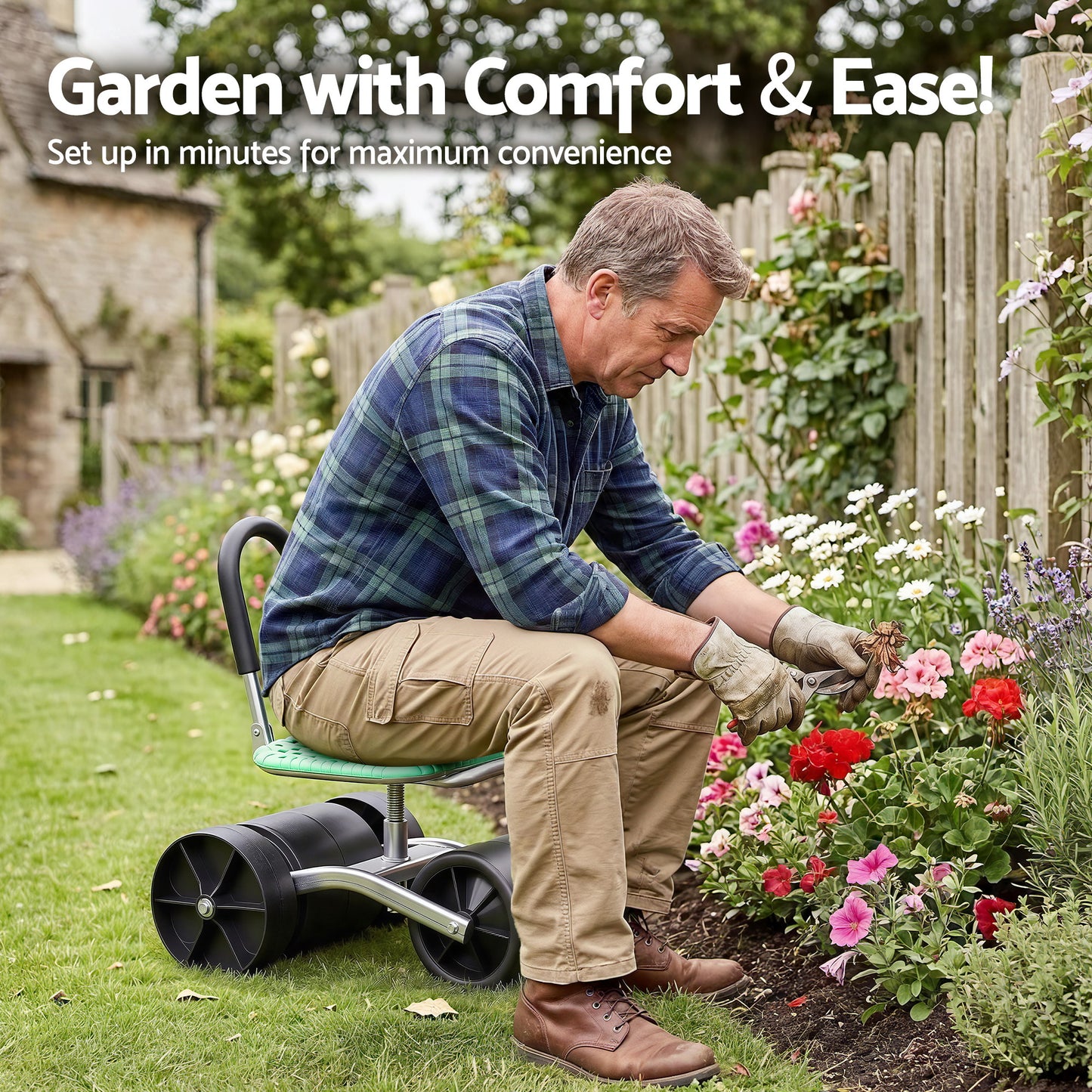 Gardeon Gardening Cart with 360° Swivel Seat | Rolling Work Seat with Adjustable Height & All-Terrain Wheels | 130KG Capacity Heavy Duty Garden Scooter for Back Pain Relief & Vehicle Detailing | Foldable Backrest & Ventilated Seat, Green - Image 8