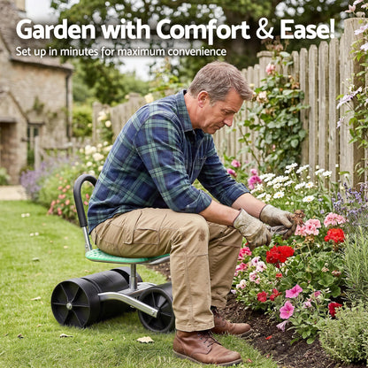Gardeon Gardening Cart with 360° Swivel Seat | Rolling Work Seat with Adjustable Height & All-Terrain Wheels | 130KG Capacity Heavy Duty Garden Scooter for Back Pain Relief & Vehicle Detailing | Foldable Backrest & Ventilated Seat, Green - Image 8
