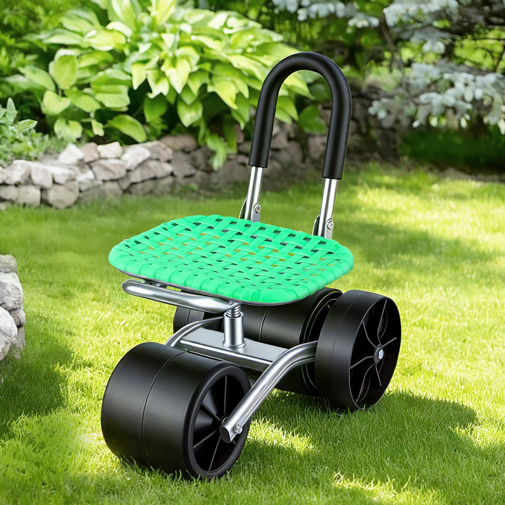 Gardeon Gardening Cart with 360° Swivel Seat | Rolling Work Seat with Adjustable Height & All-Terrain Wheels | 130KG Capacity Heavy Duty Garden Scooter for Back Pain Relief & Vehicle Detailing | Foldable Backrest & Ventilated Seat, Green - Image 9