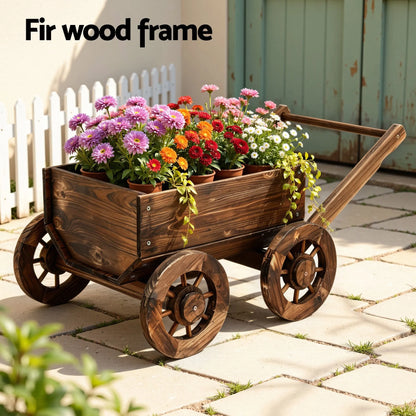 Gardeon Wooden Planter Cart Garden Decor Plant Stand Flower Fir Wood Wagon Wheels L - Image 4