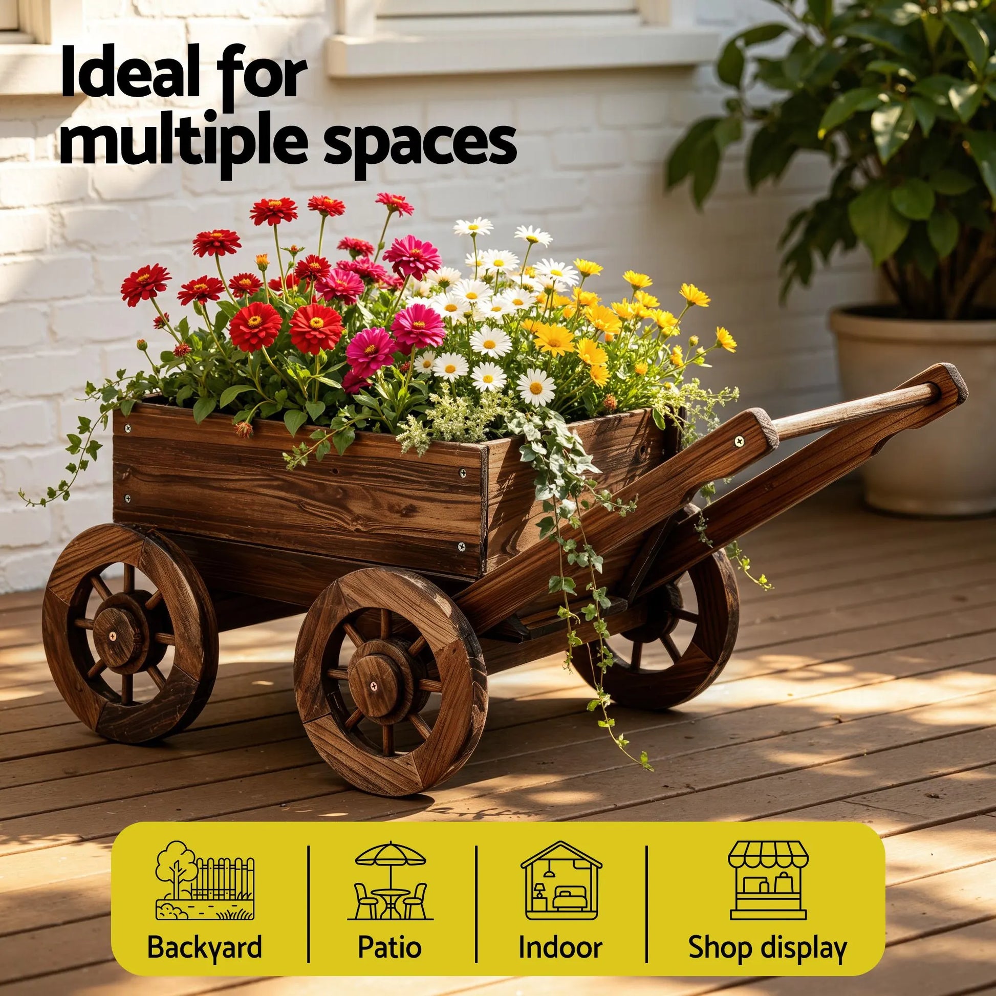 Gardeon Wooden Planter Cart Garden Decor Plant Stand Flower Fir Wood Wagon Wheels L - Image 6