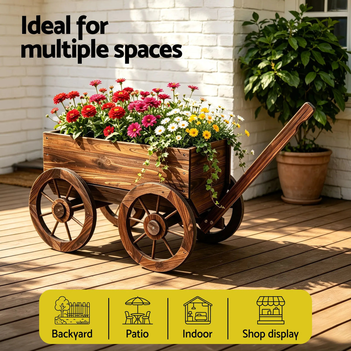 Gardeon Wooden Planter Cart Garden Decor Plant Stand Fir Wood Flower Wagon Wheels XL - Image 6