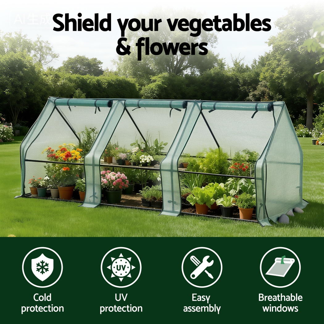 Green Fingers Mini Greenhouse 240x90x90cm Steel Frame PE Cover Outdoor Shelter - Image 4