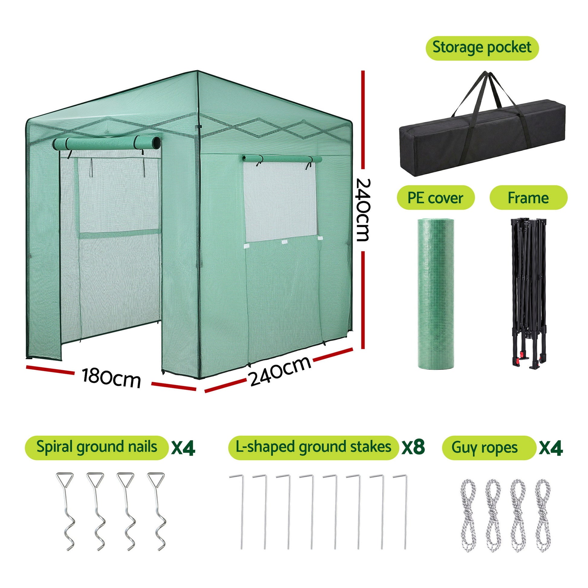 Green Fingers Greenhouse 180x240x240cm Steel Frame PE Cover Outdoor Shelter - Image 2