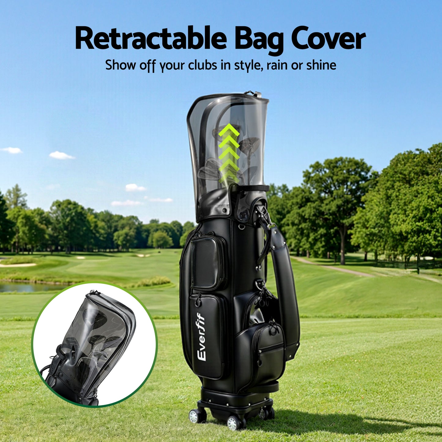 Everfit Golf Cart Bag Rolling Buggy Club Organiser Synthetic Leather Black - Image 4