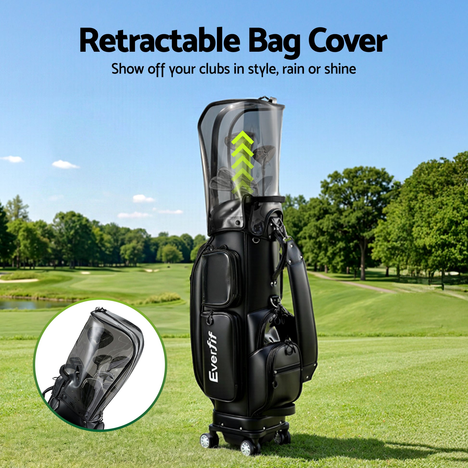 Everfit Golf Cart Bag Rolling Buggy Club Organiser Synthetic Leather Black - Image 4