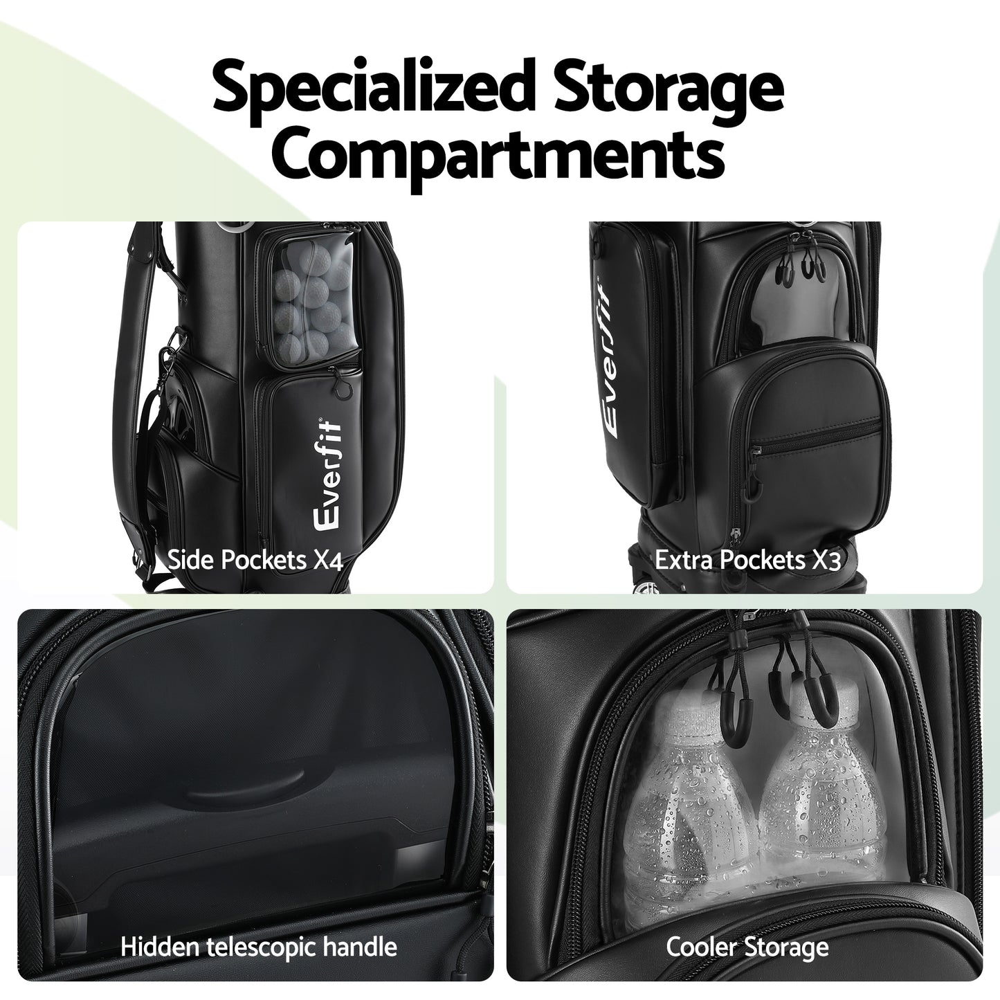 Everfit Golf Cart Bag Rolling Buggy Club Organiser Synthetic Leather Black - Image 8