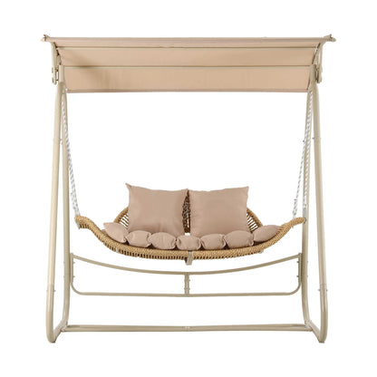Gardeon Outdoor Swing Chair 2-Seater Rattan Seat with Canopy Beige - Image 3