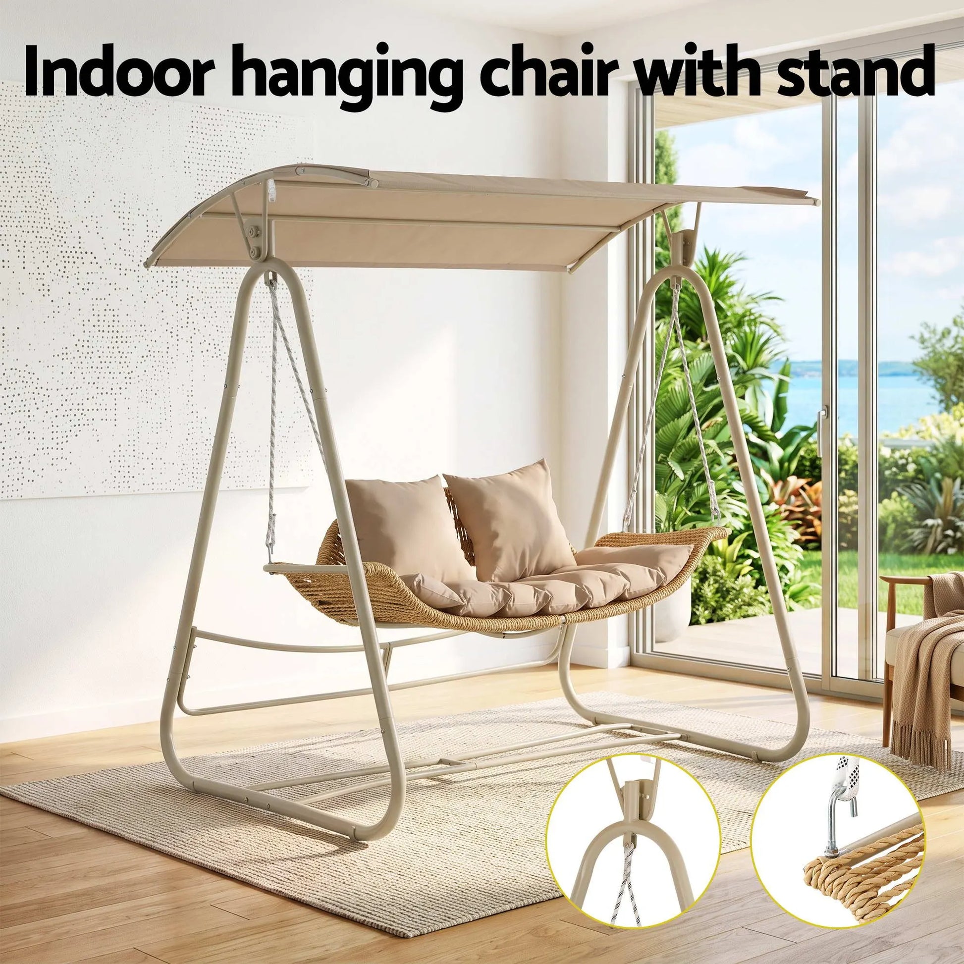 Gardeon Outdoor Swing Chair 2-Seater Rattan Seat with Canopy Beige - Image 4