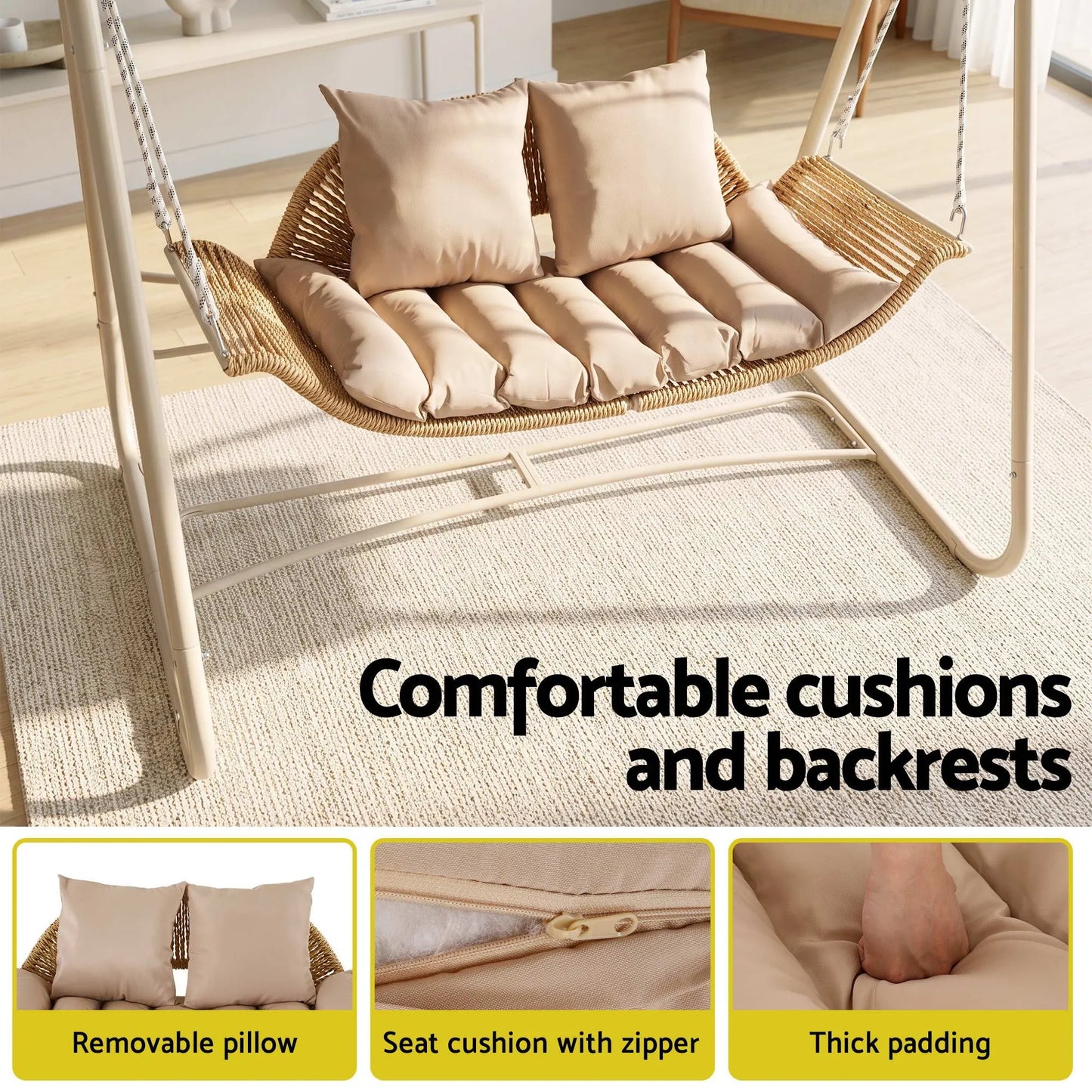 Gardeon Outdoor Swing Chair 2-Seater Rattan Seat with Canopy Beige - Image 5