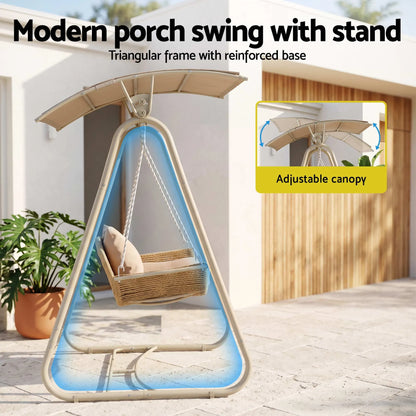 Gardeon Outdoor Swing Chair 2-Seater Rattan Seat with Canopy Beige - Image 6
