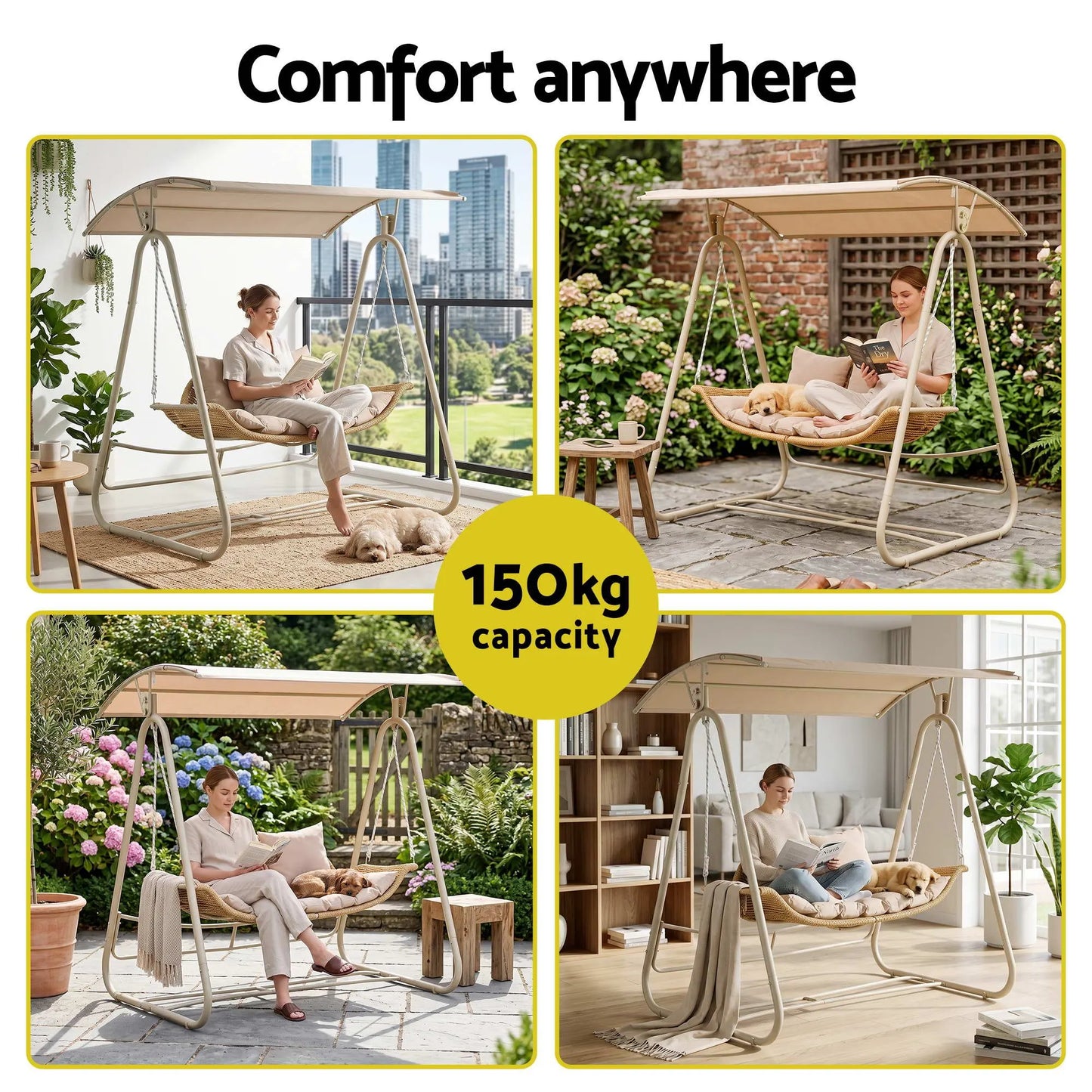 Gardeon Outdoor Swing Chair 2-Seater Rattan Seat with Canopy Beige - Image 7