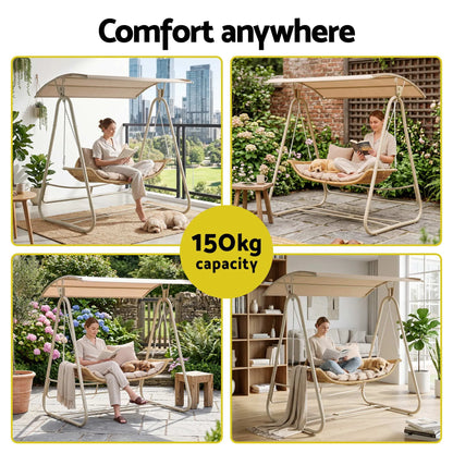 Gardeon Outdoor Swing Chair 2-Seater Rattan Seat with Canopy Beige - Image 7