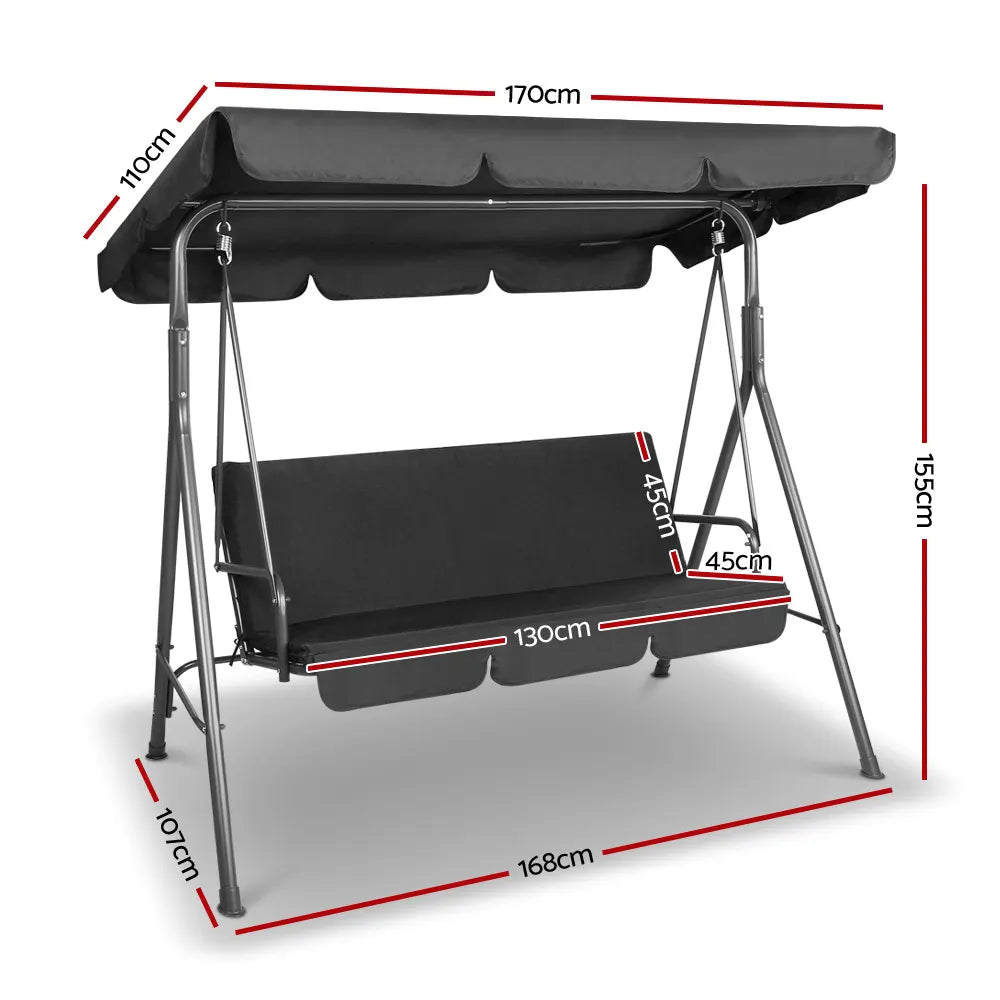 Gardeon Outdoor Swing Chair Garden Chair Bench Furniture Canopy 3 Seater Black - Image 2