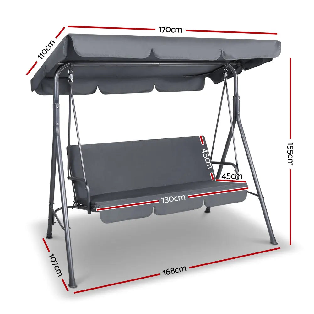 Gardeon Outdoor Swing Chair Garden Chair Bench Furniture Canopy 3 Seater Grey - Image 2