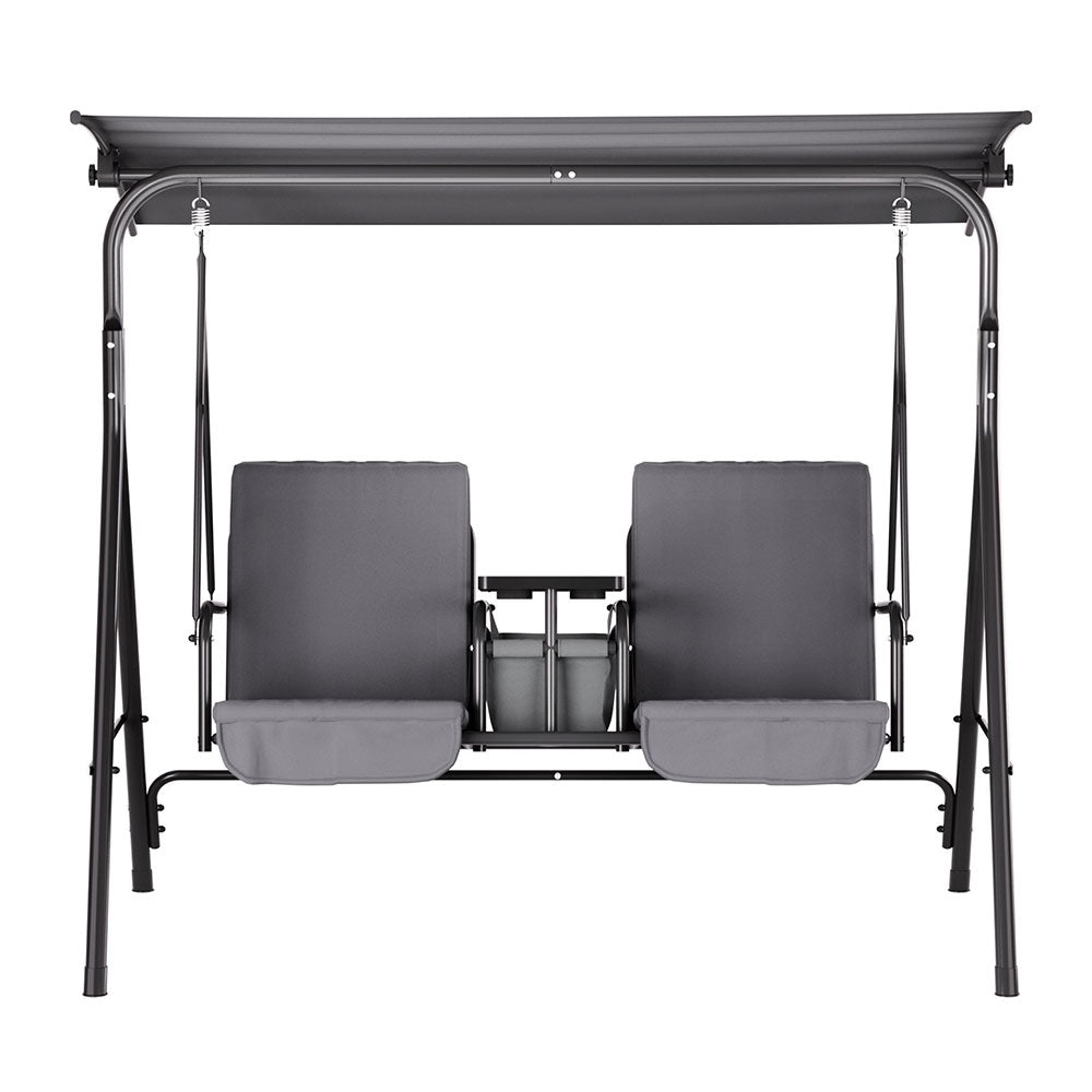 Gardeon Outdoor Swing Chair Garden Chair Canopy Cup Holder 2 Seater Grey - Image 3