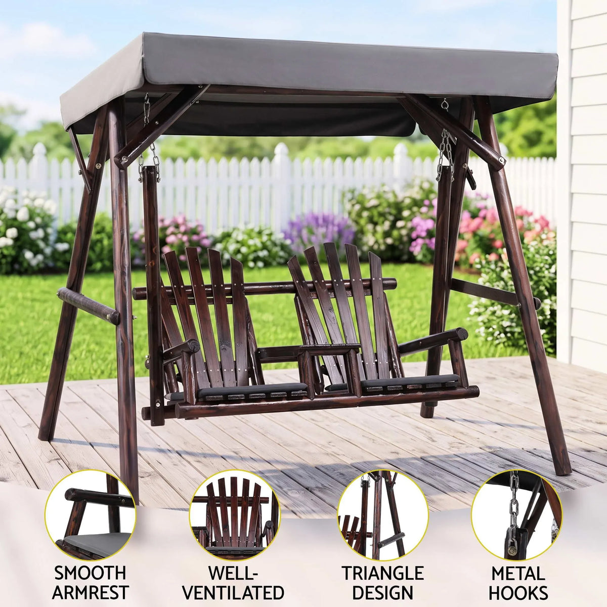 Gardeon Outdoor Wooden Swing Chair with Canopy Middle Table Charcoal - Image 5