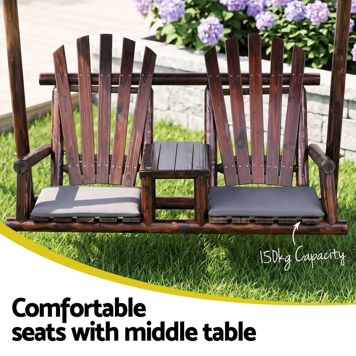 Gardeon Outdoor Wooden Swing Chair with Canopy Middle Table Charcoal - Image 6