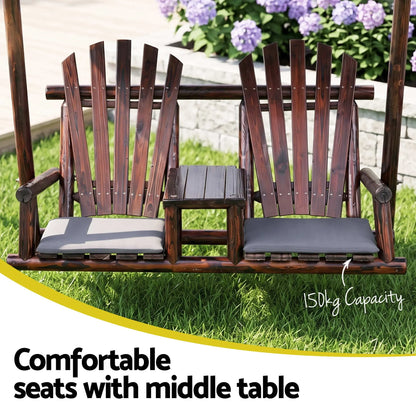 Gardeon Outdoor Wooden Swing Chair with Canopy Middle Table Charcoal - Image 6