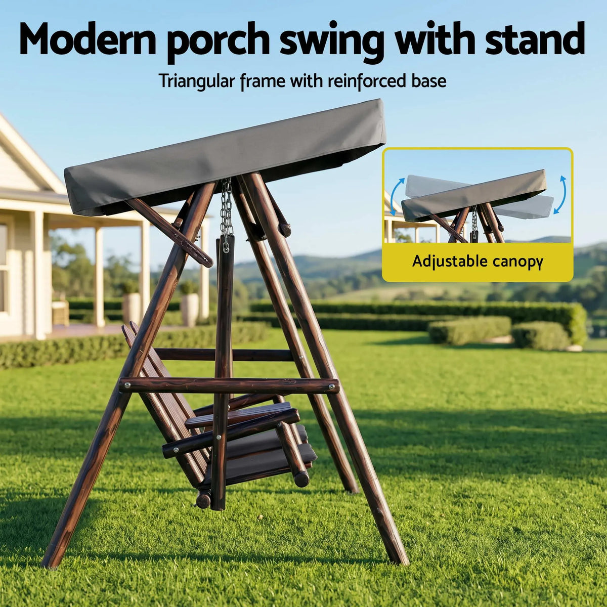 Gardeon Outdoor Wooden Swing Chair with Canopy Middle Table Charcoal - Image 7