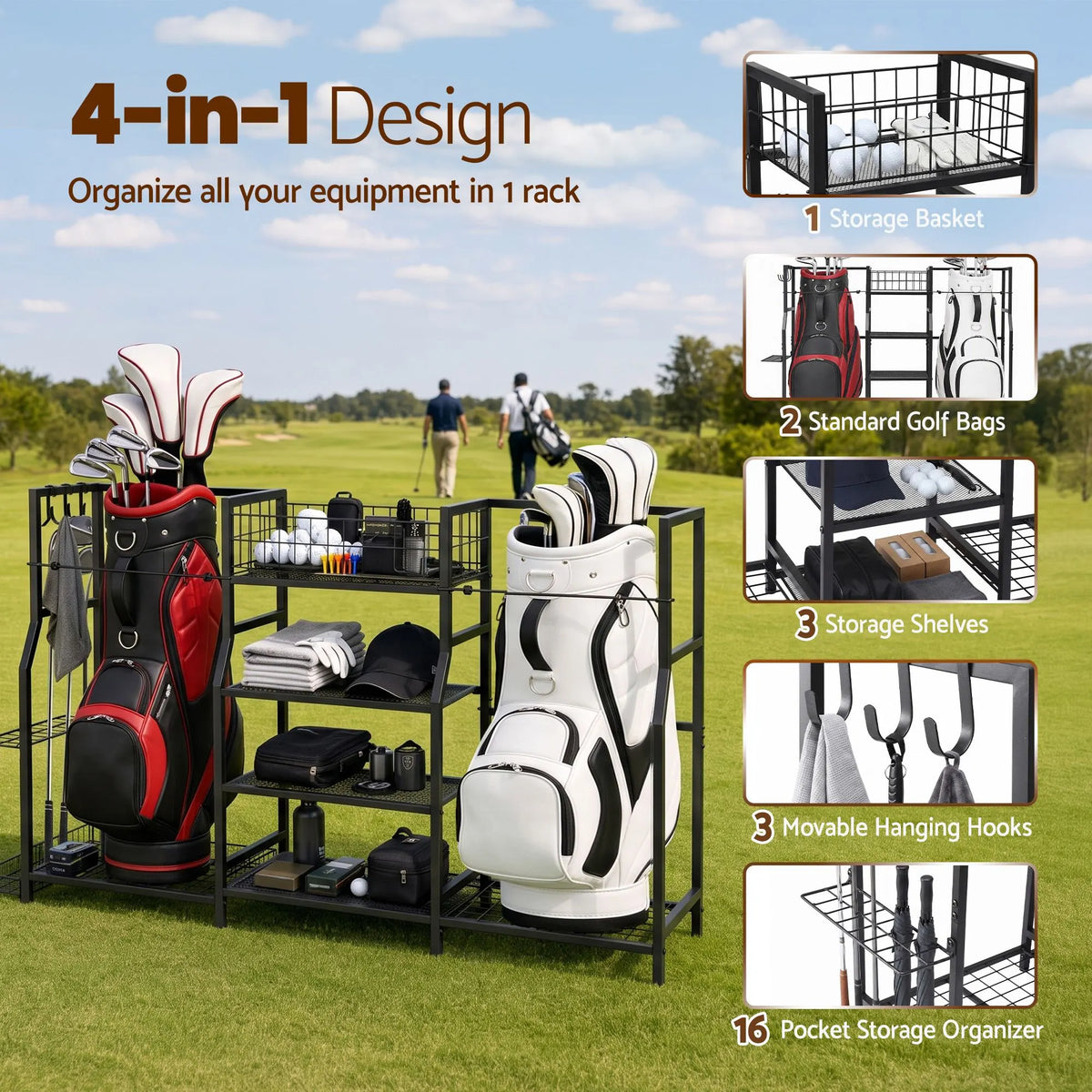 Everfit Golf Bag Storage Golfing Equipment Rack Holds 2 Bags 16 Clubs - Image 4
