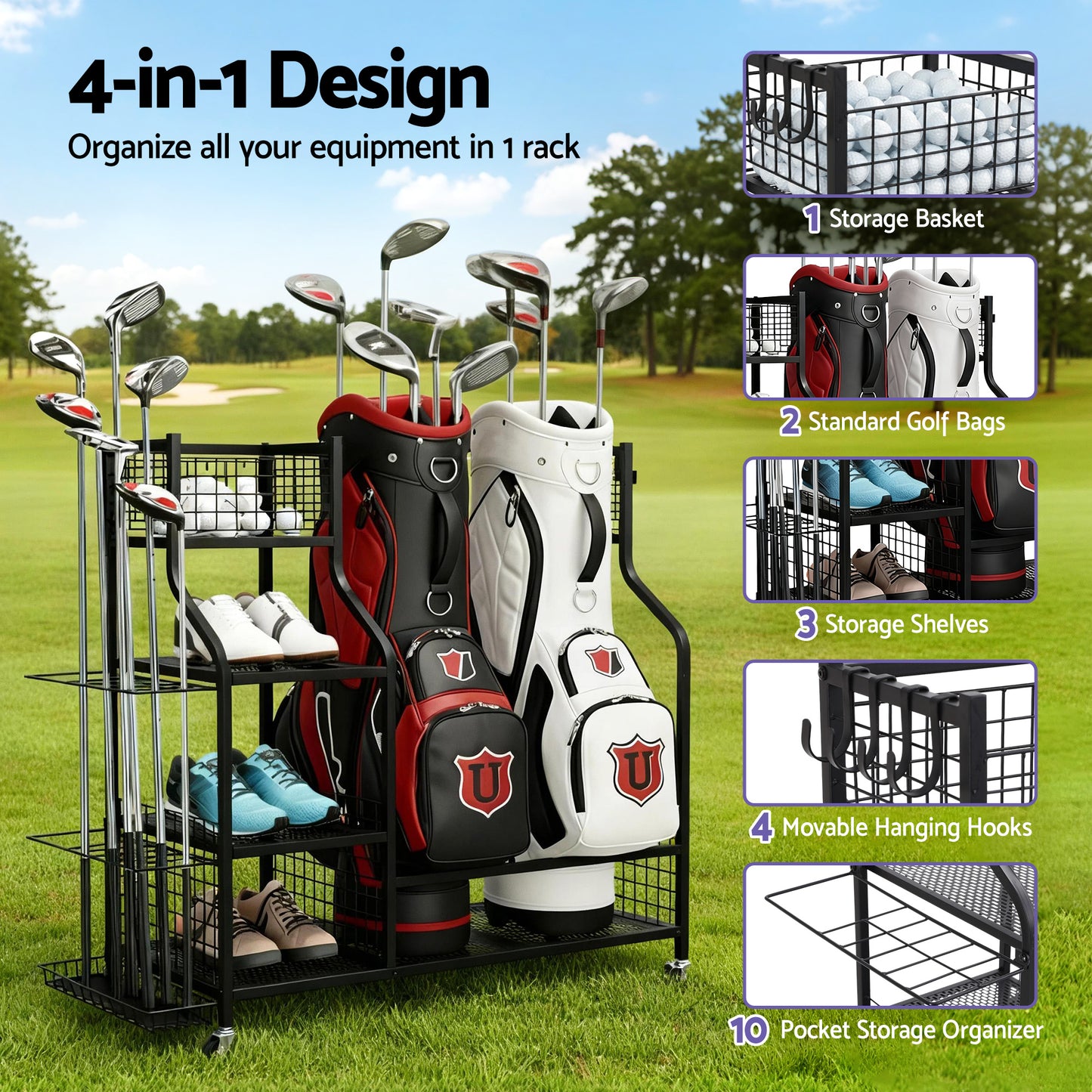 Everfit Golf Bag Storage Golf Storage Garage Organizer with Wheels Black - Image 4