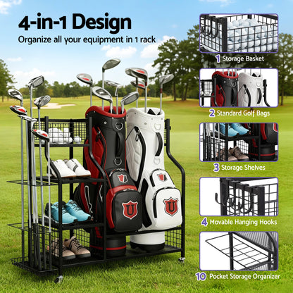 Everfit Golf Bag Storage Golf Storage Garage Organizer with Wheels Black - Image 4