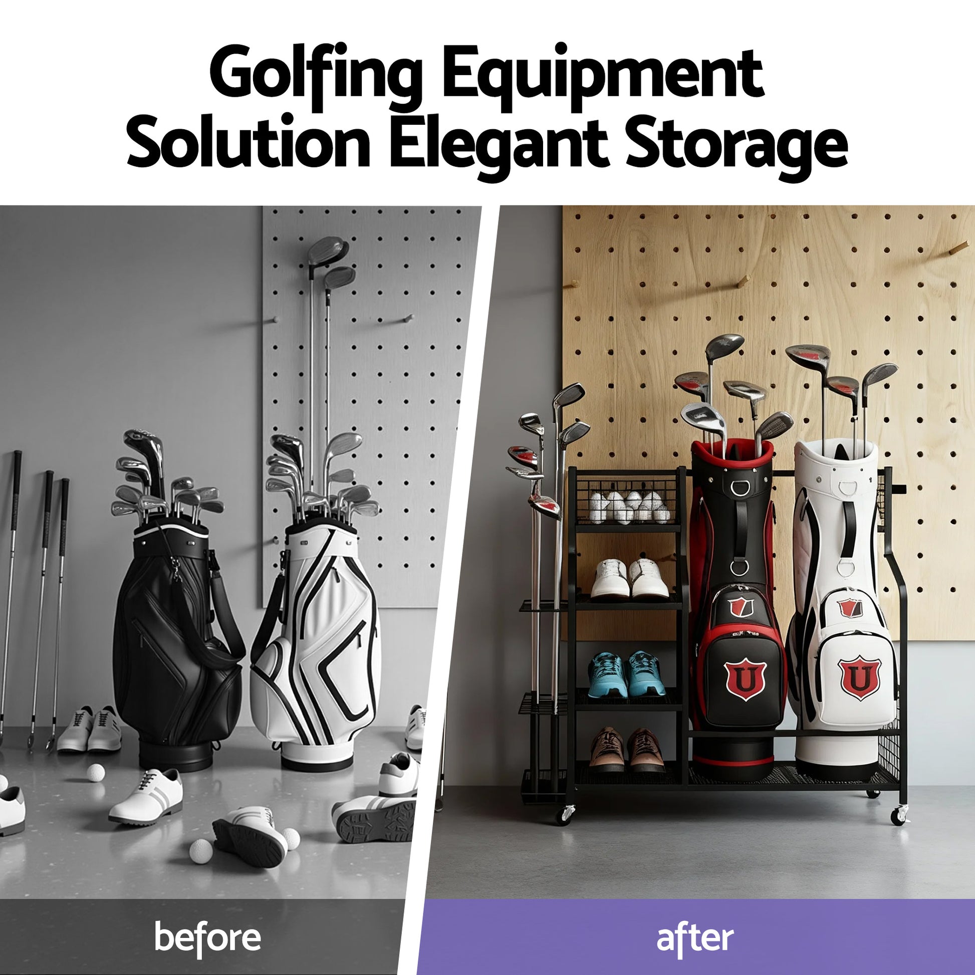 Everfit Golf Bag Storage Golf Storage Garage Organizer with Wheels Black - Image 5