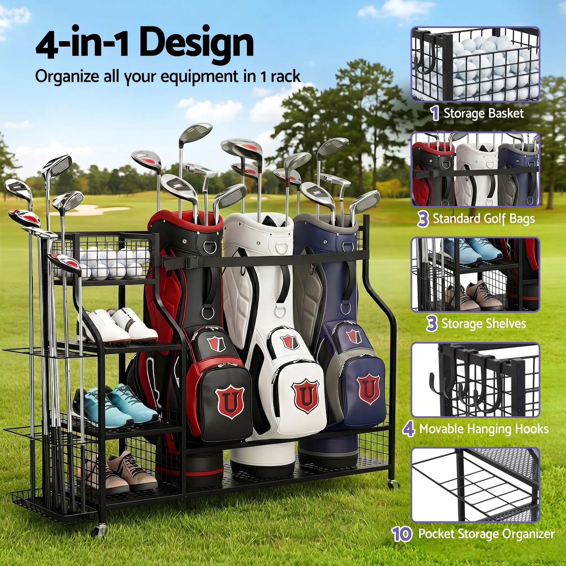 Everfit Golf 3 Bag Storage Golf Storage Garage Organizer with Wheels Black - Image 4