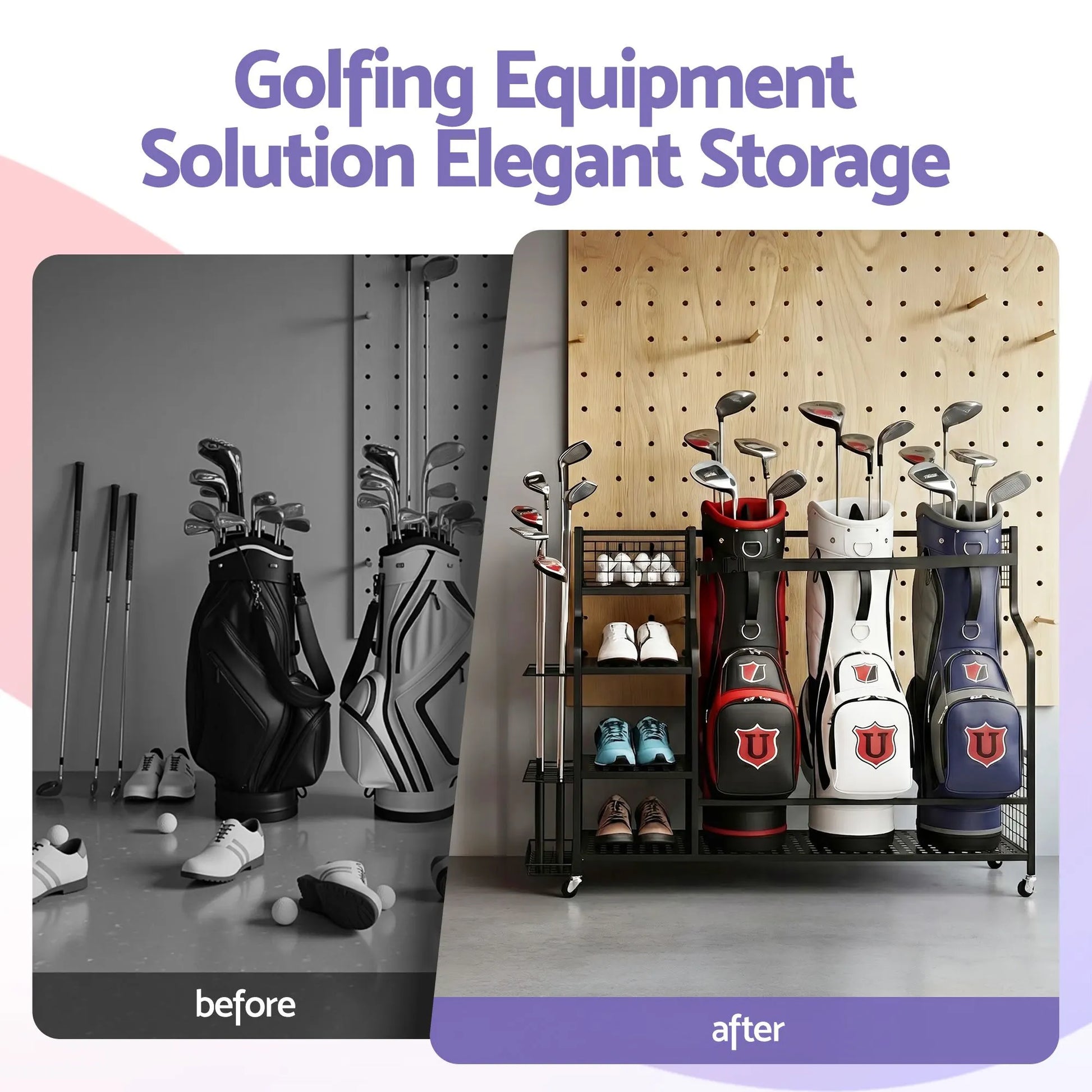 Everfit Golf 3 Bag Storage Golf Storage Garage Organizer with Wheels Black - Image 5