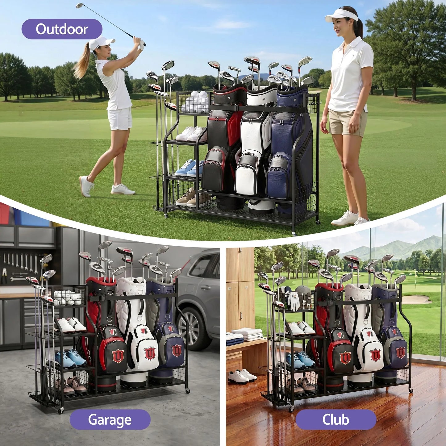 Everfit Golf 3 Bag Storage Golf Storage Garage Organizer with Wheels Black - Image 6