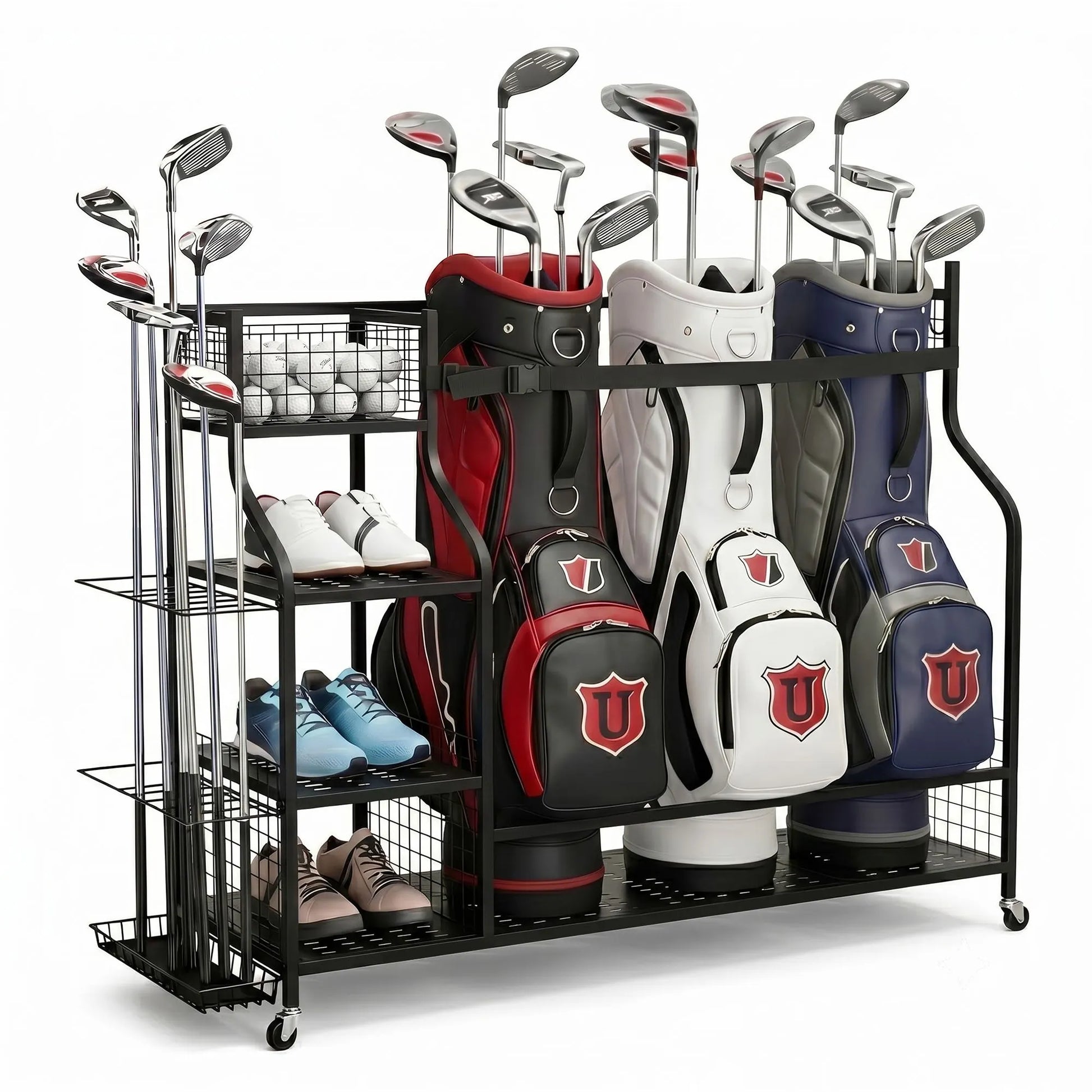 Everfit Golf 3 Bag Storage Golf Storage Garage Organizer with Wheels Black - Image 8