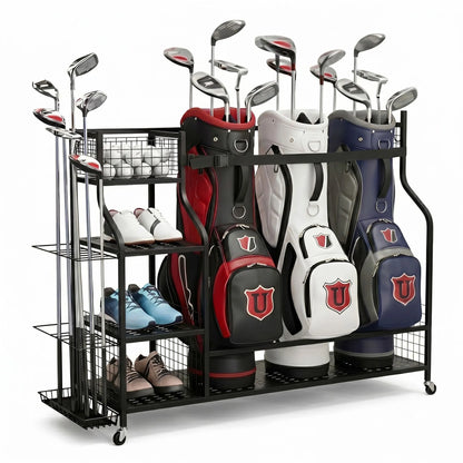 Everfit Golf 3 Bag Storage Golf Storage Garage Organizer with Wheels Black - Image 8