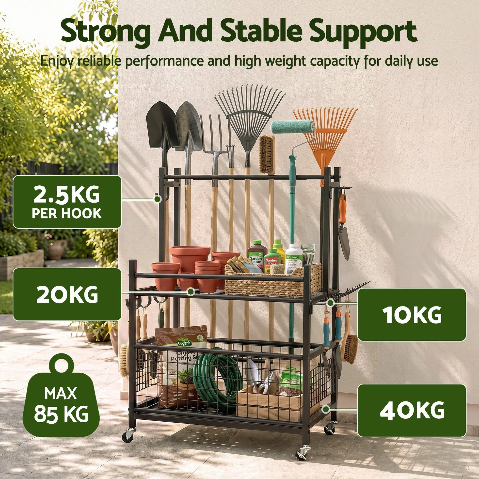 Gardeon Garden Tool Organizer Rack 16 Slots Rolling Garage Storage with Hooks - Image 2