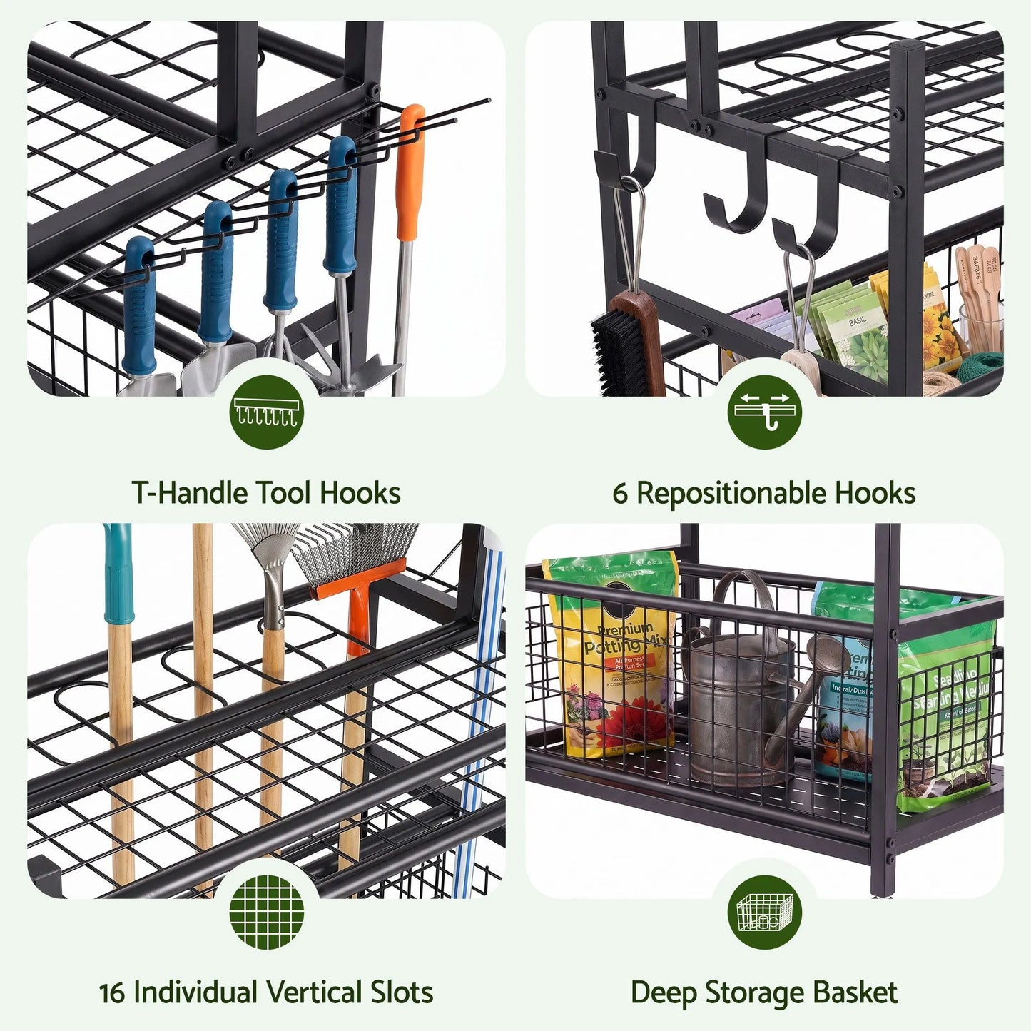 Gardeon Garden Tool Organizer Rack 16 Slots Rolling Garage Storage with Hooks - Image 3