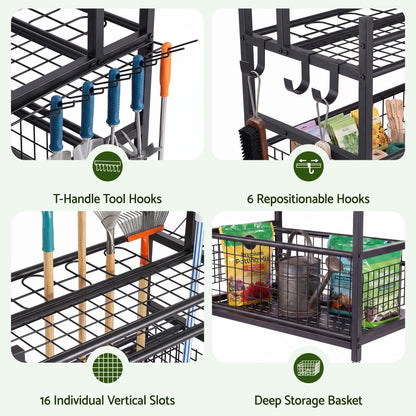 Gardeon Garden Tool Organizer Rack 16 Slots Rolling Garage Storage with Hooks - Image 3