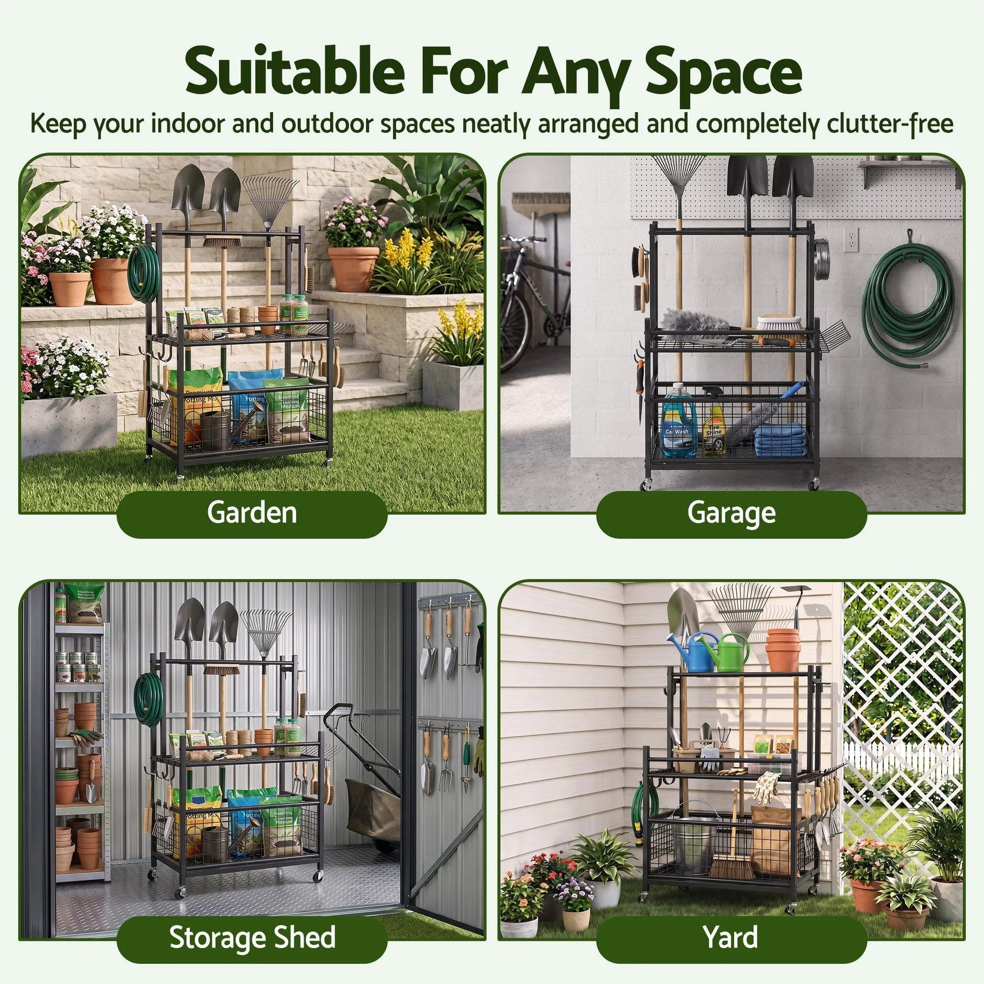 Gardeon Garden Tool Organizer Rack 16 Slots Rolling Garage Storage with Hooks - Image 4