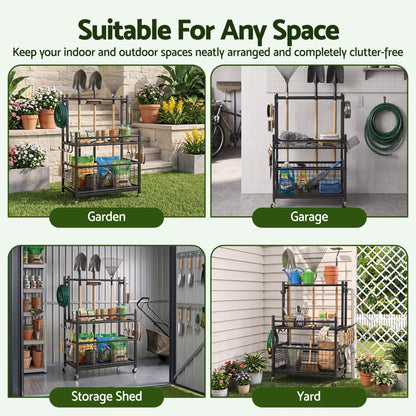 Gardeon Garden Tool Organizer Rack 16 Slots Rolling Garage Storage with Hooks - Image 4